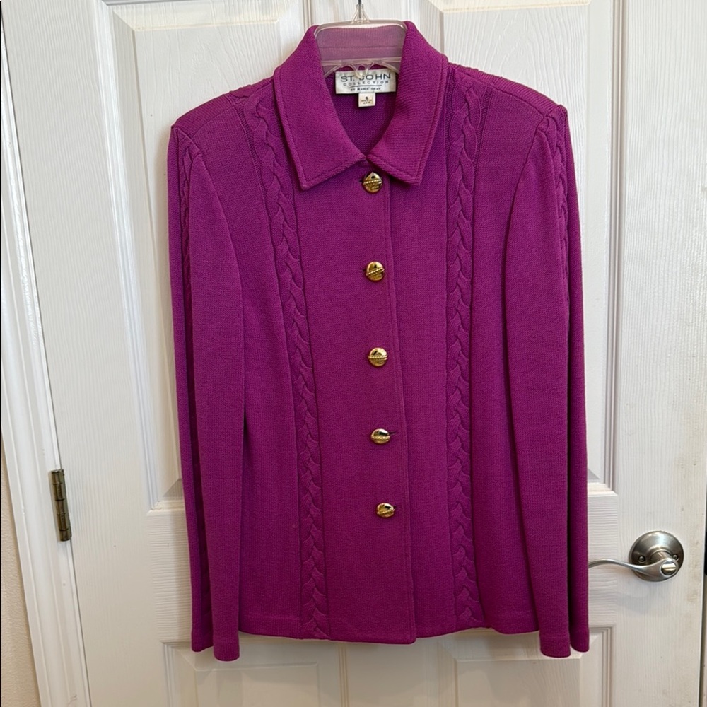 St. John Purple Cable Knit Cardigan Sweater